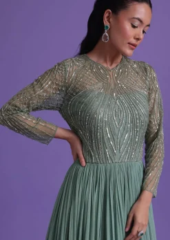 Pastel Green Gown In Georgette With Cut Dana Embroidery