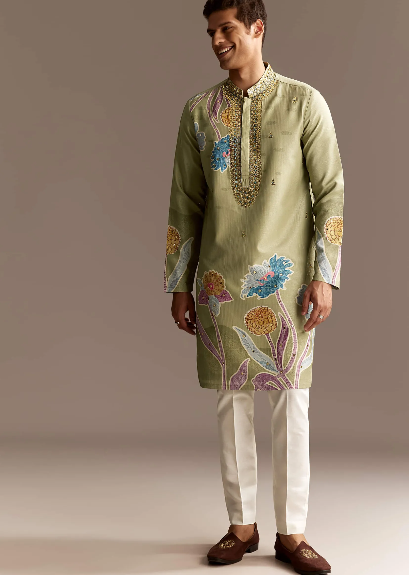 Pastel Green Mirror Work Kurta Set