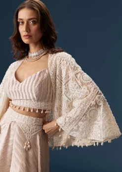 Pastel Palazzo Set With Full Sleeved Jacket And Intricately Embellished Bustier