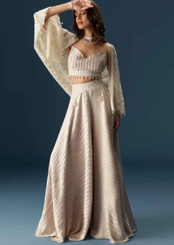Pastel Palazzo Set With Full Sleeved Jacket And Intricately Embellished Bustier
