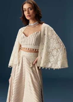 Pastel Palazzo Set With Full Sleeved Jacket And Intricately Embellished Bustier