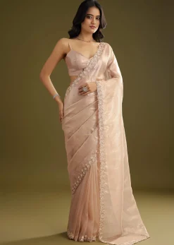 Pastel Peach Glass Tissue Stone Embellished Saree With Cutwork Border