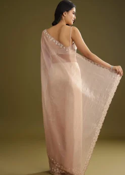 Pastel Peach Glass Tissue Stone Embellished Saree With Cutwork Border