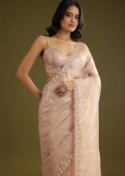 Pastel Peach Glass Tissue Stone Embellished Saree With Cutwork Border