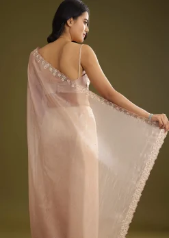 Pastel Peach Glass Tissue Stone Embellished Saree With Cutwork Border