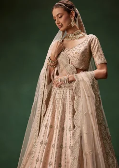 Pastel Pink Bridal Lehenga With Fully Embroidered Blouse And Layered Dupattas