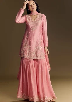 Pastel Pink Chanderi Sharara Suit With Cut Dana Sequins