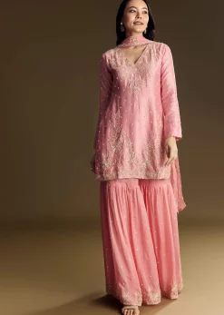 Pastel Pink Chanderi Sharara Suit With Cut Dana Sequins