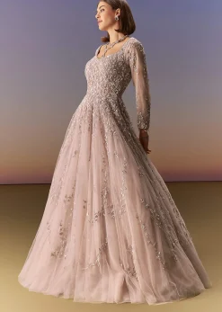 Pastel Pink Embroidered Gown With Full Sleeves