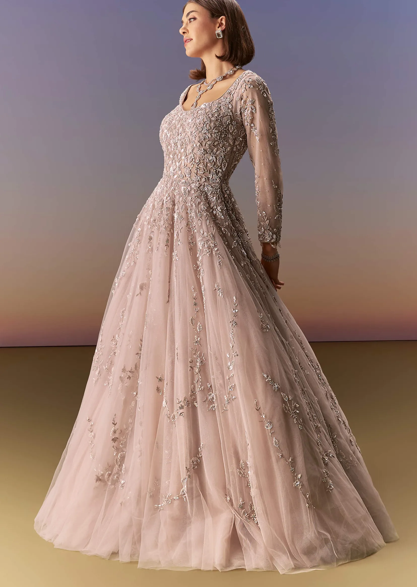Pastel Pink Embroidered Gown With Full Sleeves