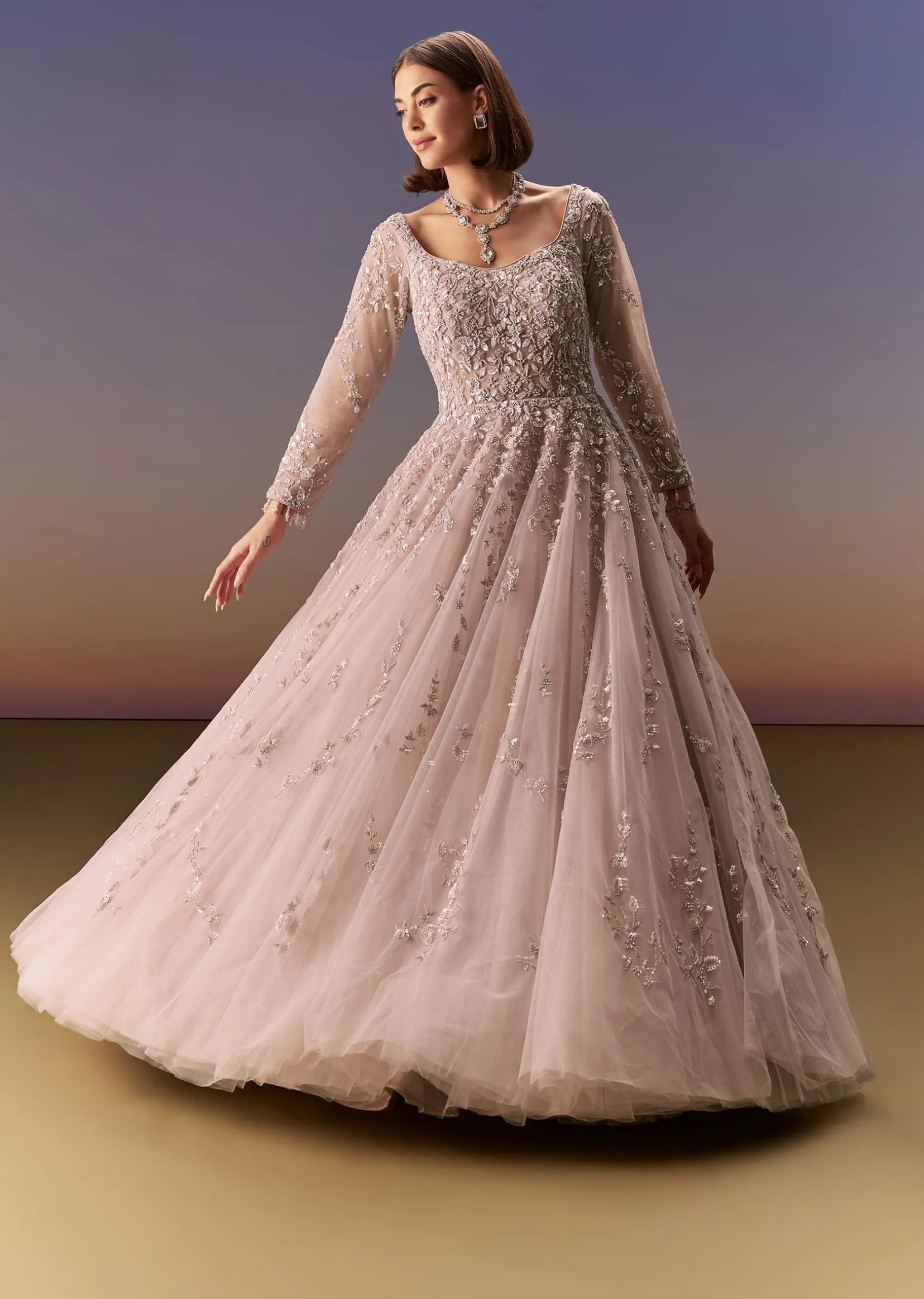 Pastel Pink Embroidered Gown With Full Sleeves