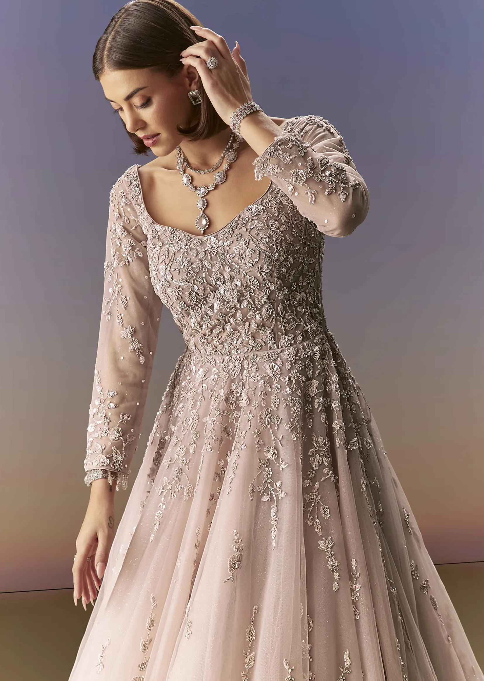 Pastel Pink Embroidered Gown With Full Sleeves