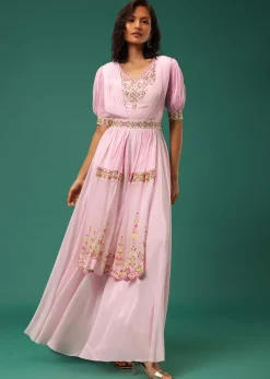 Pastel Pink Embroidered Jumpsuit in Crepe With Mirror Work