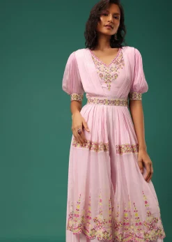 Pastel Pink Embroidered Jumpsuit in Crepe With Mirror Work