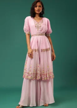 Pastel Pink Embroidered Jumpsuit in Crepe With Mirror Work