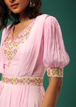 Pastel Pink Embroidered Jumpsuit in Crepe With Mirror Work