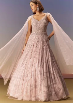 Pastel Pink Gown With Embellished Shoulder Cape Trails