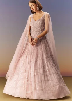 Pastel Pink Gown With Embellished Shoulder Cape Trails