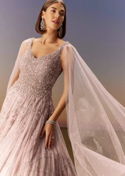 Pastel Pink Gown With Embellished Shoulder Cape Trails