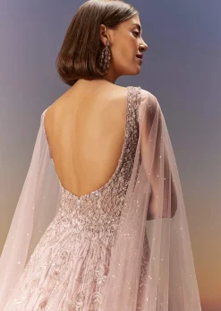 Pastel Pink Gown With Embellished Shoulder Cape Trails