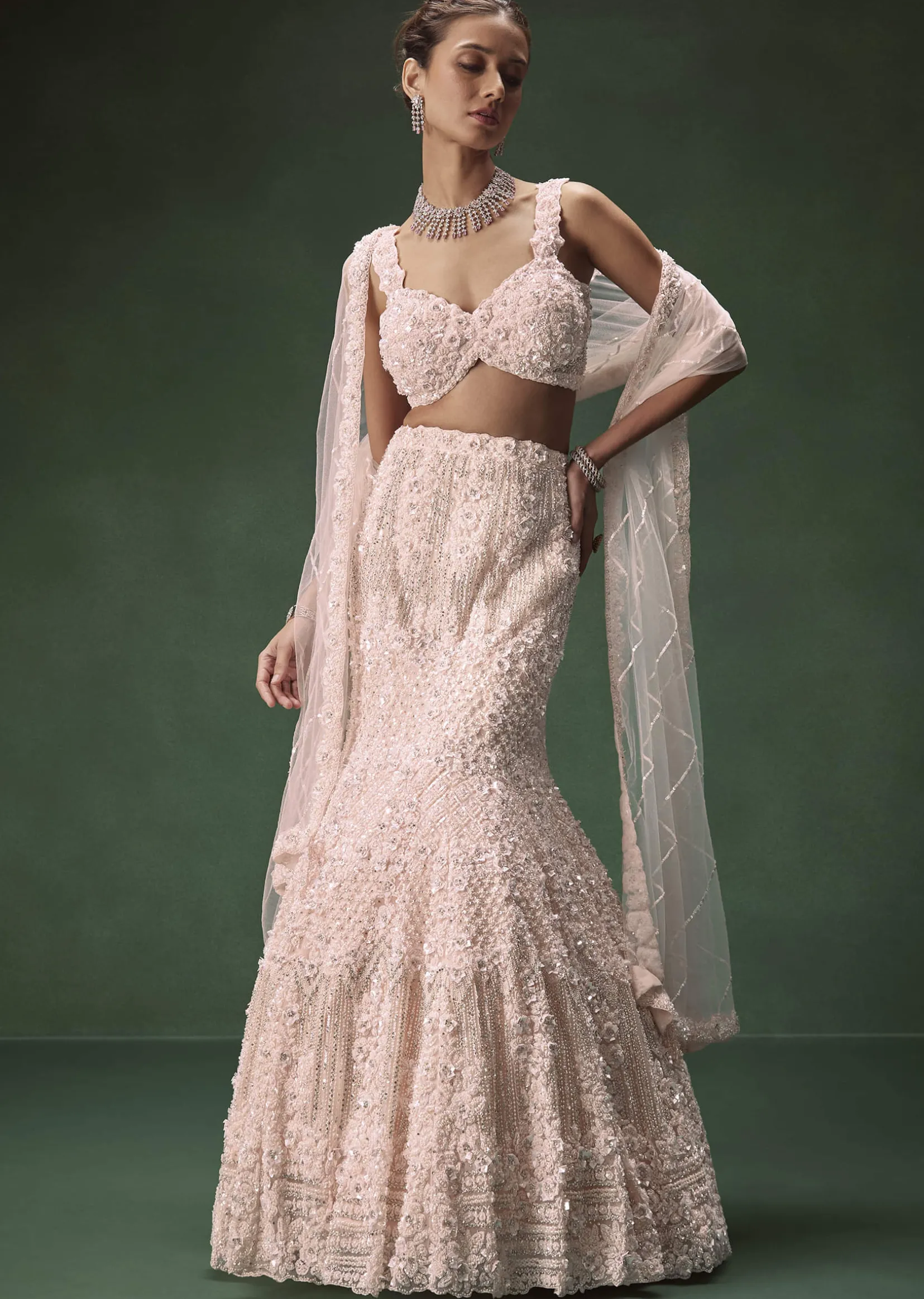 Pastel Pink Mermaid Bridal Lehenga With Intricate Embellishments