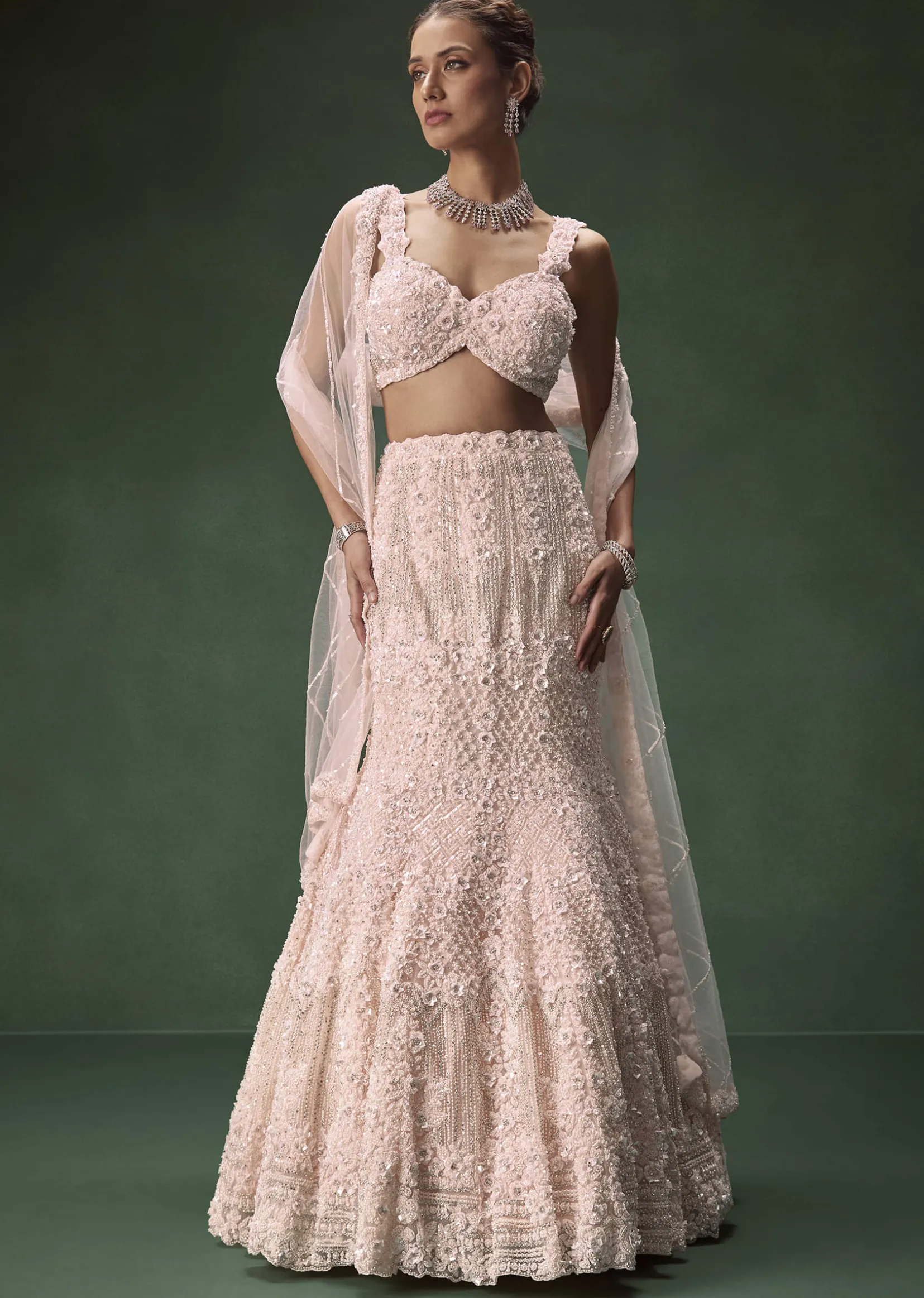 Pastel Pink Mermaid Bridal Lehenga With Intricate Embellishments