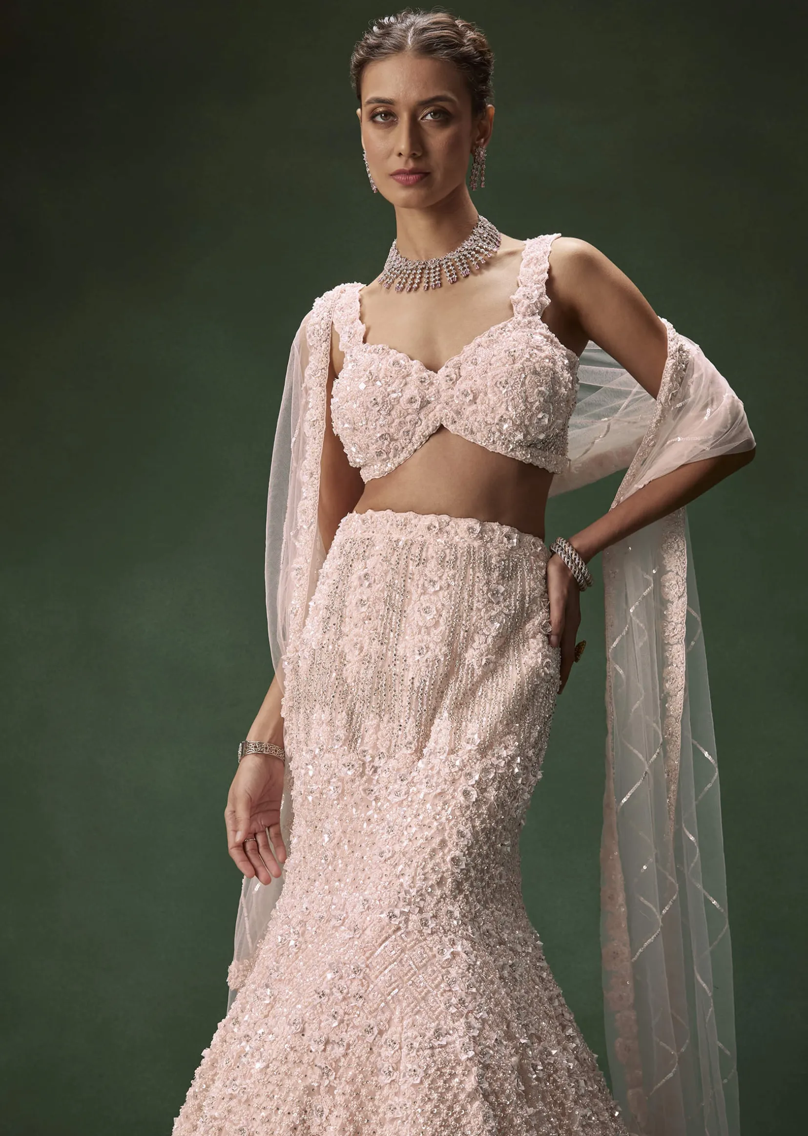 Pastel Pink Mermaid Bridal Lehenga With Intricate Embellishments