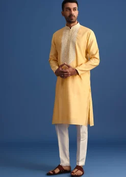 Pastel Yellow Hand Embroidered Kurta Set In Silk