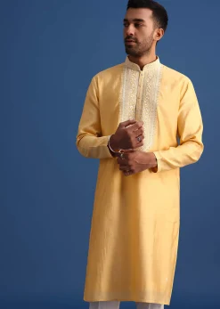Pastel Yellow Hand Embroidered Kurta Set In Silk