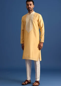 Pastel Yellow Hand Embroidered Kurta Set In Silk