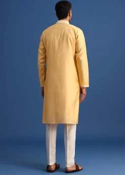 Pastel Yellow Hand Embroidered Kurta Set In Silk