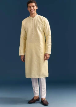 Pastel Yellow Silk Kurta Set For Men With Mirror Work