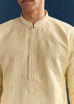 Pastel Yellow Silk Kurta Set For Men With Mirror Work
