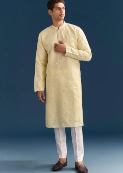 Pastel Yellow Silk Kurta Set For Men With Mirror Work
