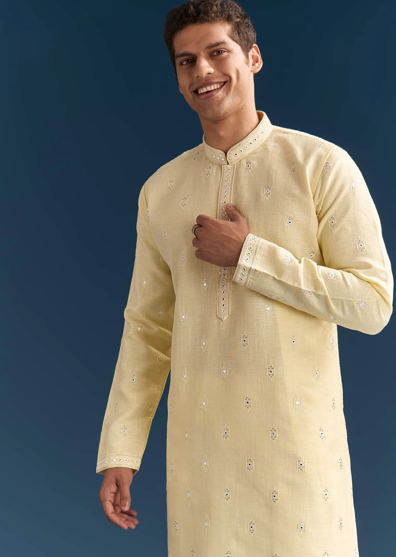 Pastel Yellow Silk Kurta Set For Men With Mirror Work