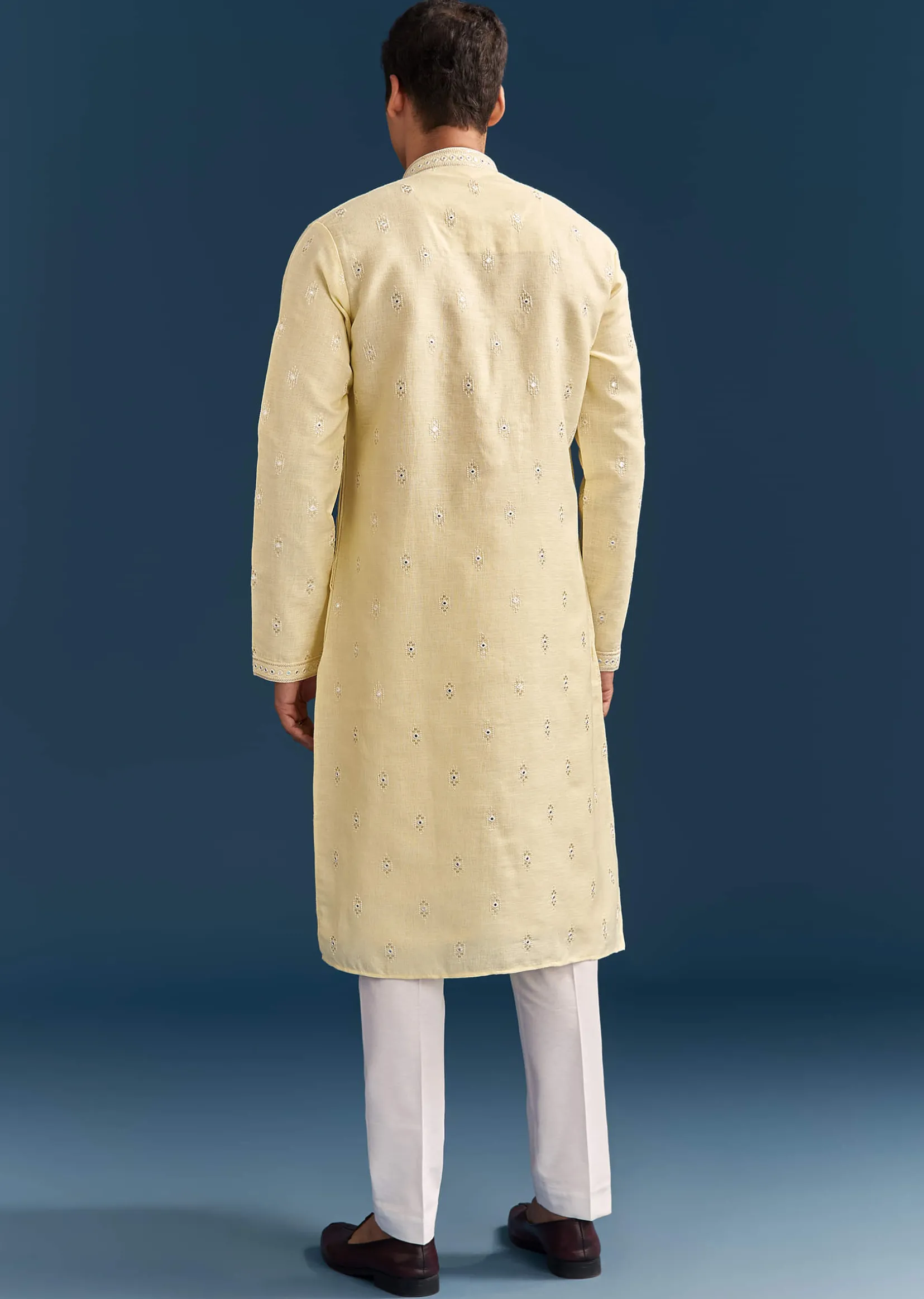 Pastel Yellow Silk Kurta Set For Men With Mirror Work