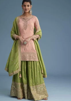 Peach And Green Tissue Palazzo Set With Zardosi And Sequins Work