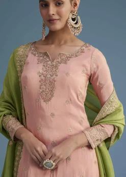 Peach And Green Tissue Palazzo Set With Zardosi And Sequins Work