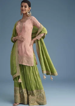 Peach And Green Tissue Palazzo Set With Zardosi And Sequins Work