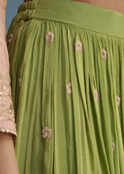 Peach And Green Tissue Palazzo Set With Zardosi And Sequins Work