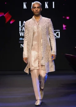Peach Banarasi Brocade Embroidered Sherwani Suit With Floral Motifs