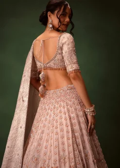 Peach Banarasi Brocade Lehenga Set With Dual Dupattas