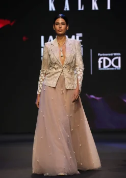 Peach Banarasi Embroidered Jacket With Palazzo And Suspender