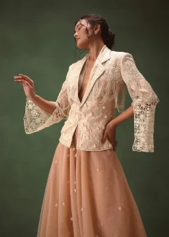 Peach Banarasi Embroidered Jacket With Palazzo And Suspender