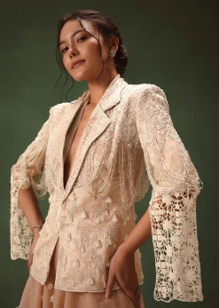 Peach Banarasi Embroidered Jacket With Palazzo And Suspender