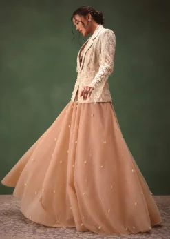 Peach Banarasi Embroidered Jacket With Palazzo And Suspender