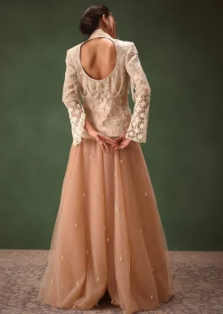 Peach Banarasi Embroidered Jacket With Palazzo And Suspender