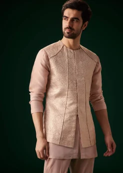 Peach Banarasi Silk Kurta Jacket Set