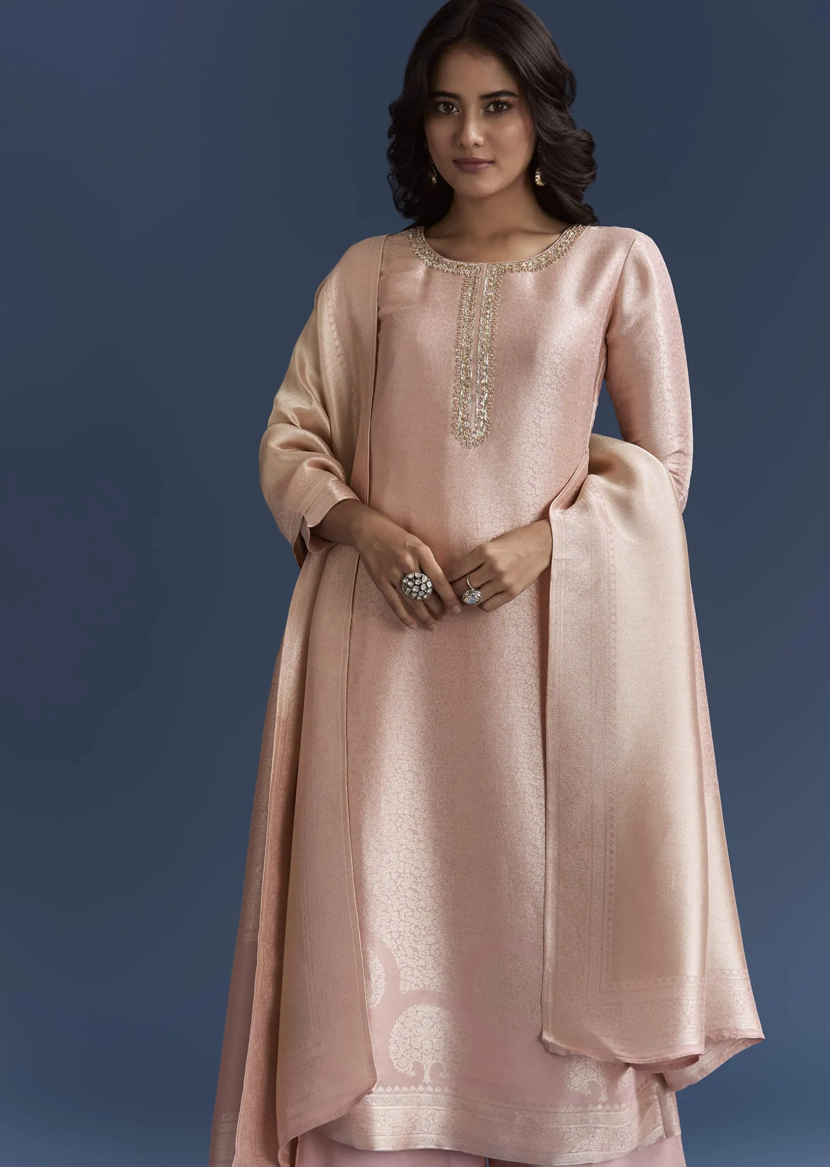 Peach Banarasi Tissue Kurta Set With Zardosi Neckline