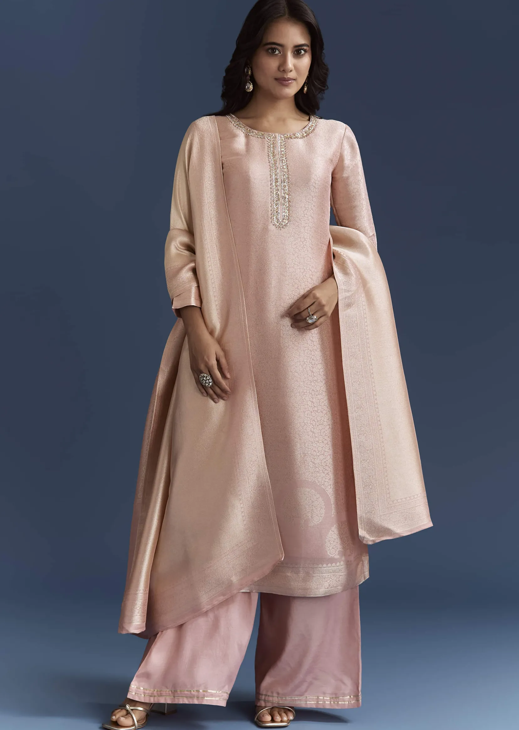 Peach Banarasi Tissue Kurta Set With Zardosi Neckline